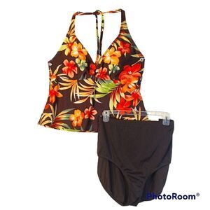 Ocean Dream 2 pc. Brown Floral Halter top Swim Suit sz 18W